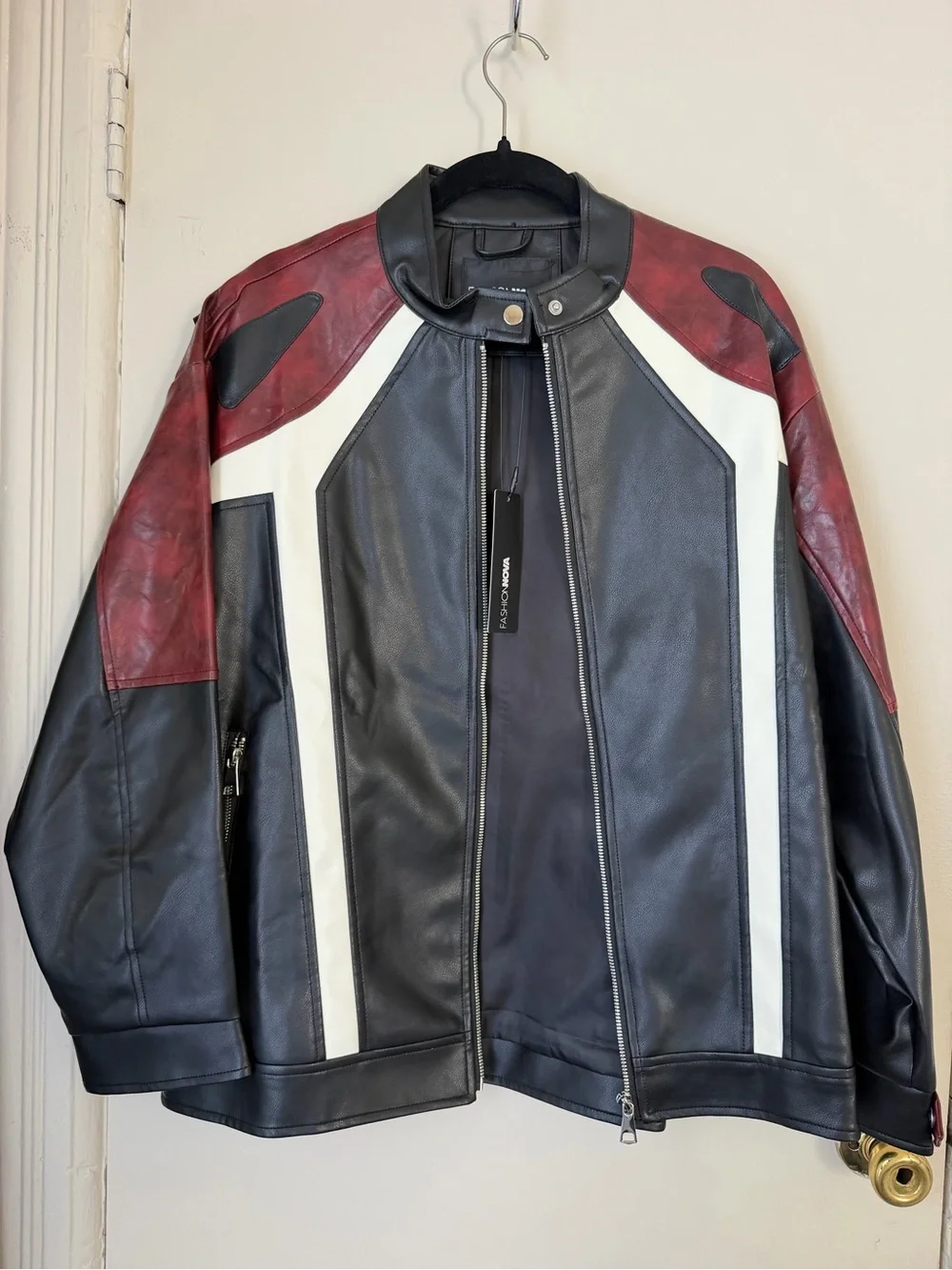 Women’s Colorblock Faux Leather Jacket - Black & Burgundy